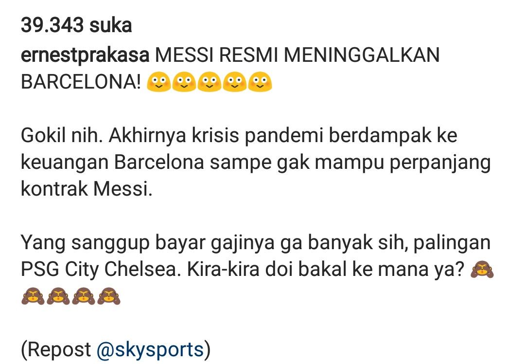Postingan ernest Prakasa soal hengkangnya Lionel Messi dari Barcelona