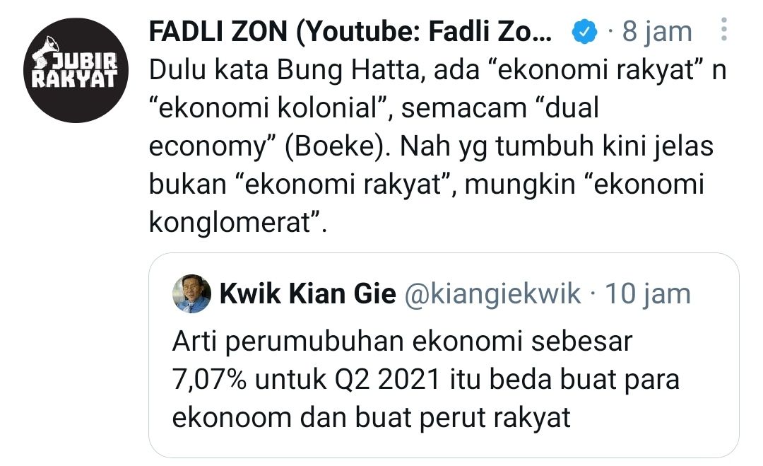 Tangkapan layar cuitan Fadli Zon soal pertumbuhan ekonomi Indonesia yang naik 7,07 persen./