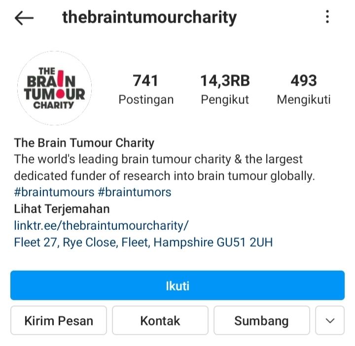 akun Instagram yayasan tumor otak yang dibantu atlet Inggris Raya, Tom Daley (Thomas Daley)