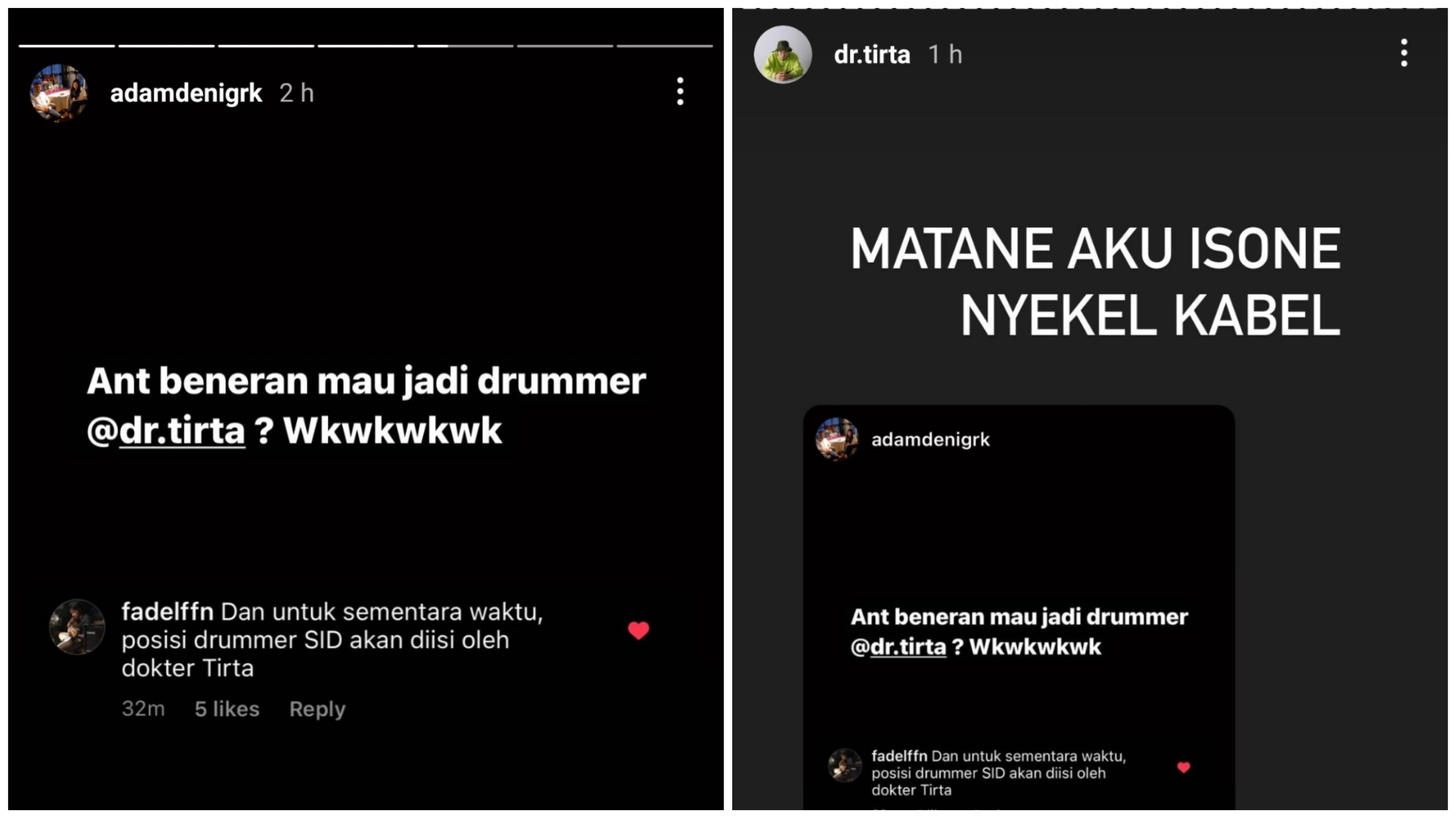 Unggahan Instagram Story Adam Deni (kiri) dan Dokter Tirta (kanan)