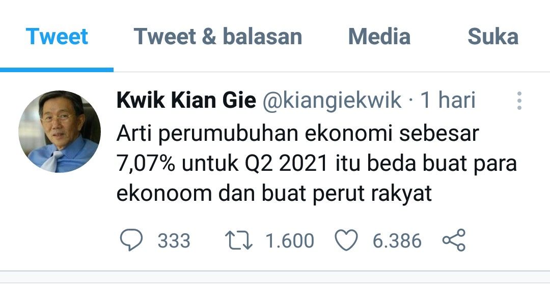 cuitan Kwik Kian Gie di akun twitternya soal pertumbuhan ekonomi Indonesia