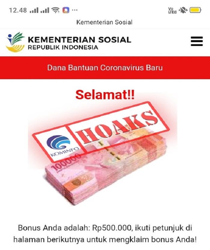 HOAKS - Beredar link bantuan sosial (bansos) senilai Rp500.000 dari Kementerian Sosial (Kemensos) Republik Indonesia.*