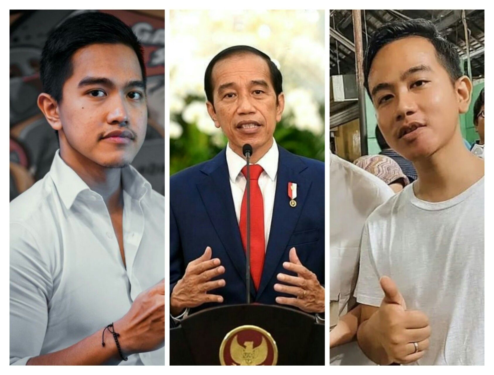 Kolase foto Kaesang Pangarep, Jokowi, dan Gibran Rakabuming
