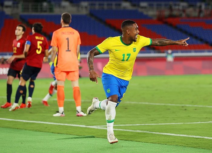 Pemain Brasil, Malcom sukses mencetak gol ke gawang Spanyol pada   laga final di Stadion Internasional Yokohama, Yokohama, Jepang, Sabtu, 7 Agustus 2021./Twitter.com/@Olympics
