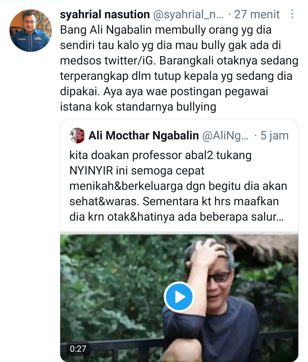 Tangkapan layar cuitan Syahrial Nasution soal Ali Mochtar Ngabalin yang bully Rocky Gerung./