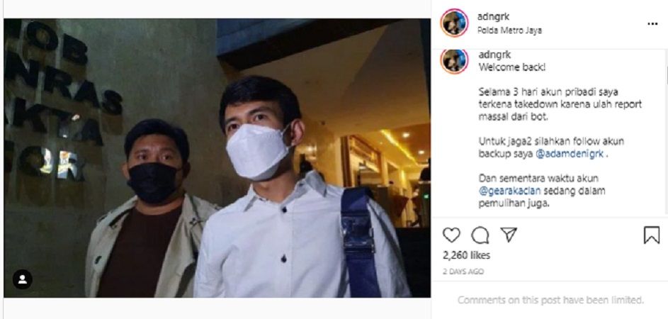 Adam Deni menyebut jika perjuangannya melaporkan Jerinx SID belum berakhir usai akun Instagramnya kembali.*