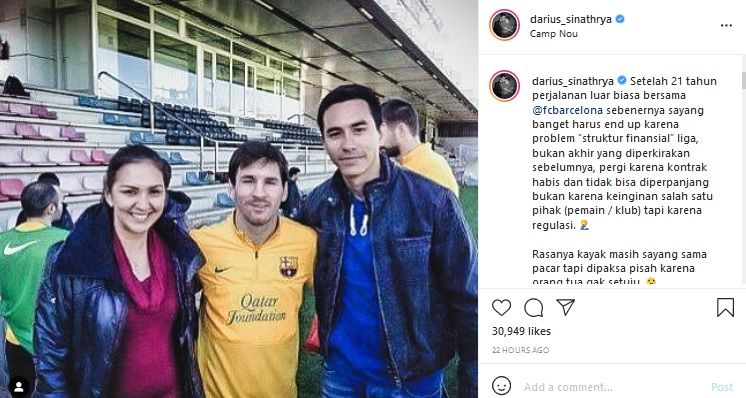 Darius Sinathrya mengaku sedih atas hengkangnya Lionel Messi dari Barcelona karena alasan finansial klub atau regulasi.*