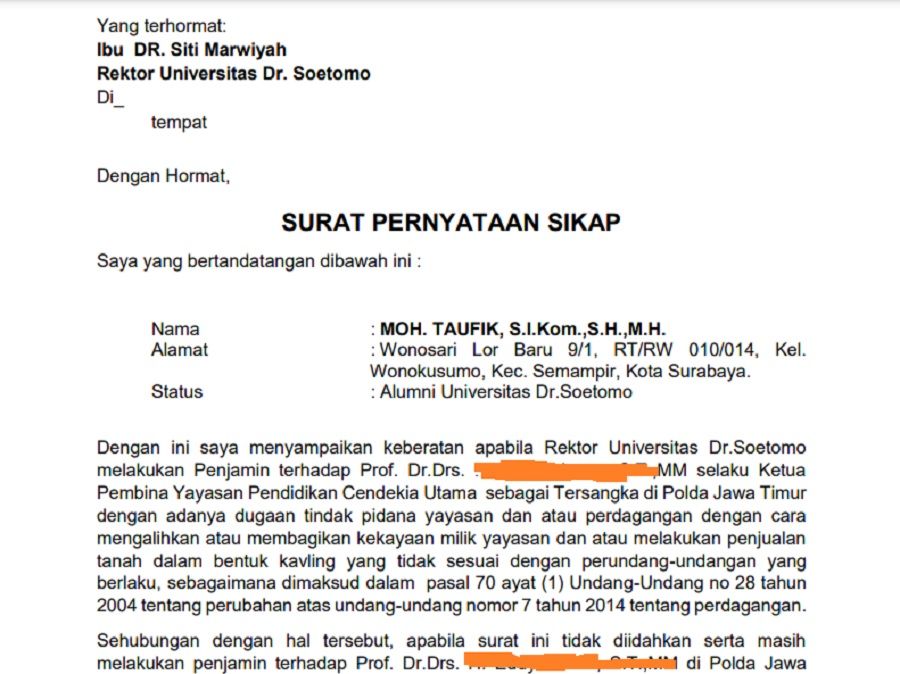Surat Alumni Unitomo yang ditujukan ke Rektor Unitomo Surabaya