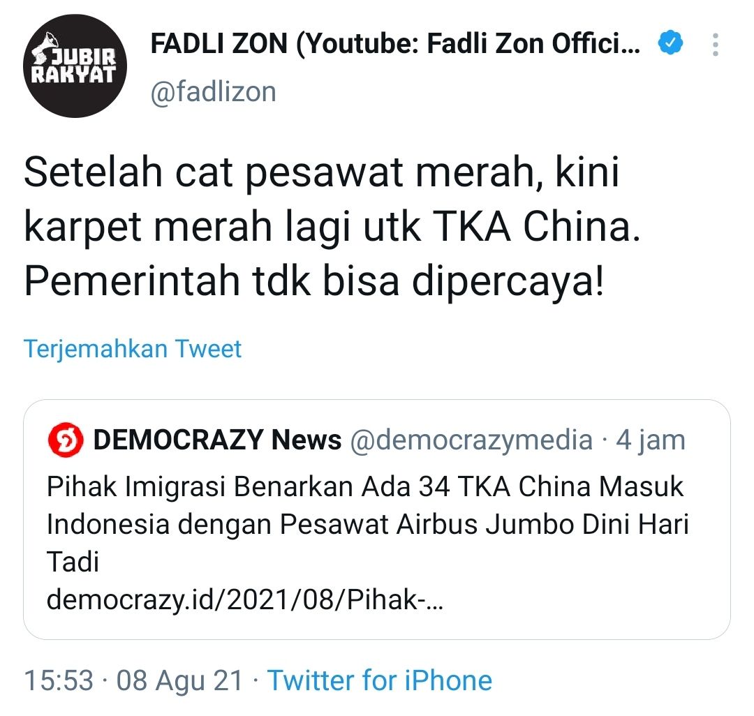 Tangkapan layar cuitan Faldi Zon soal 34 TKA China yang masuk ke Indonesia./