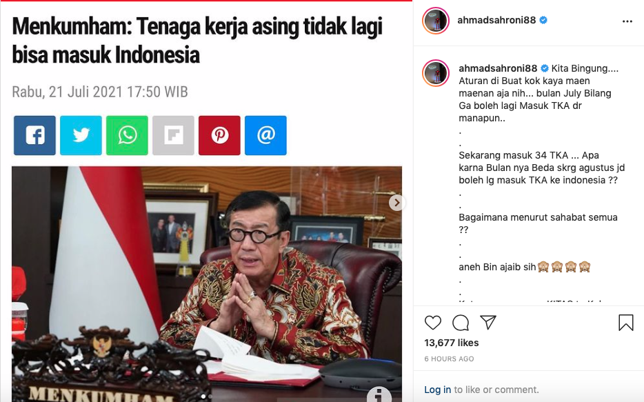 Wakil Ketua Komisi III DPR RI Ahmad Sahroni menyoroti masuknya 34 TKA China ke Indonesia saat PPKM.
