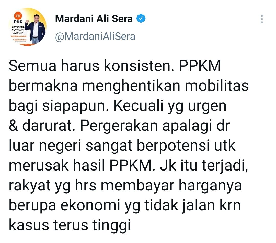 Tangkapan layar cuitan Mardani Ali Sera soal masuknya TKA China ke Indonesia saat PPKM./