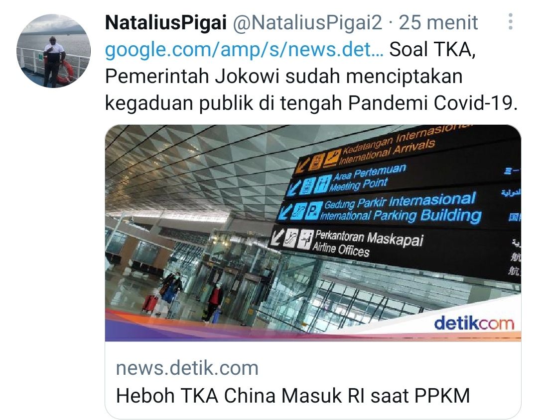 Tangkapan layar cuitan Nagalius Pigai soal 34 TKA China yang masuk ke Indonesia saat PPKM./