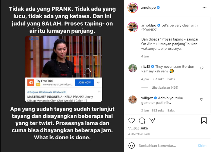 Unggahan Feed Instagram Chef Arnold./*