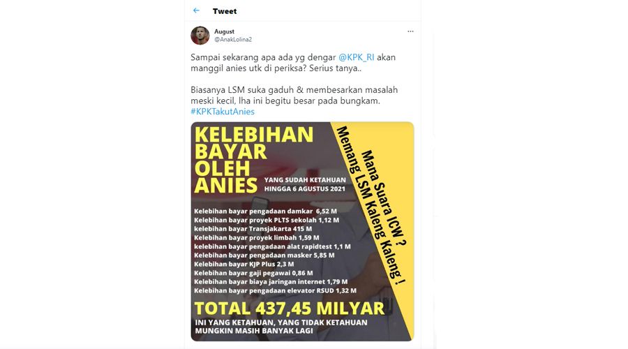 Sosok Netizen Sebut KPK Takut pada Anies Baswedan dan Membongkar Kasus Soal Uang Kelebihan Bayar 437 Milyar