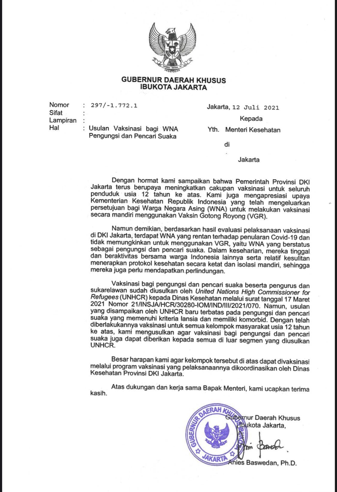 Surat Gubernur DKI Jakarta kepada Menkes terkait vaksinasi bagi pencari suaka dan pengungsi