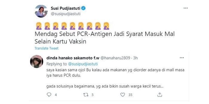 Tanggapan Susi Pudjiastuti dan komentar netizen terhadap kebijakan pemerintah terkait syarat masuk mal.