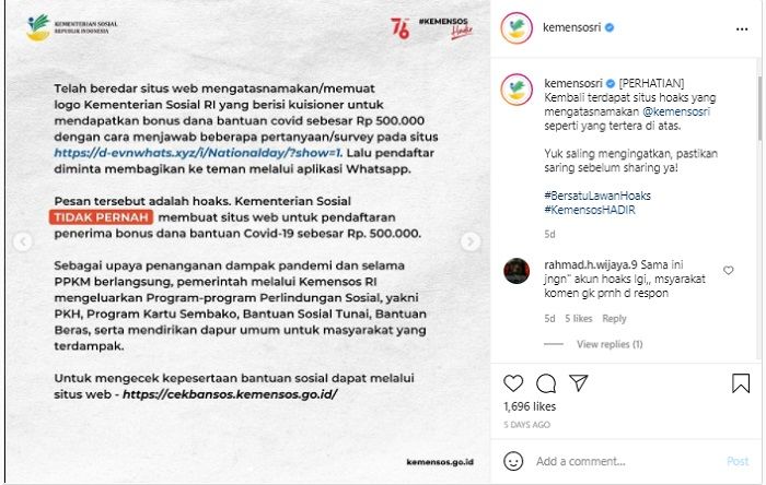 HOAKS - Kementerian Sosial (Kemensos) Republik Indonesia disebut memberikan bantuan sebesar Rp500.000 lewat kuisioner.*