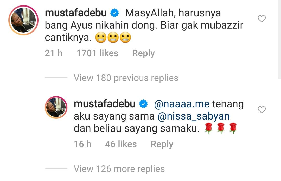 Komentar Mustafa Debu di unggahan Nissa Sabyan.