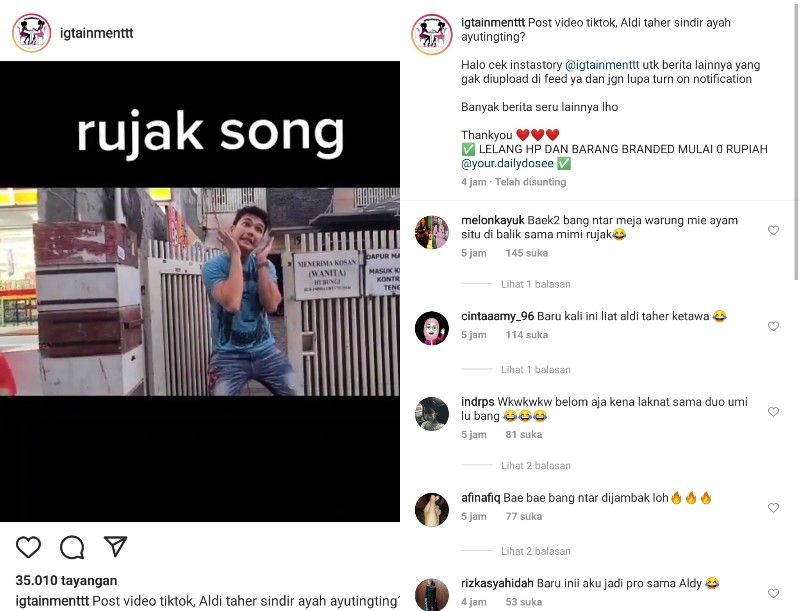 Aldi Taher menyentil Ayah Rozak dan Ayu Ting Ting lewat lagu Rujak, netizen justru memintanya istighfar.