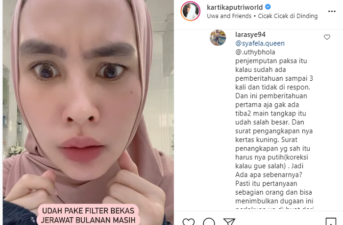 Komentar netizen terkait penangkapan dr. Richard Lee pada akun Kartika Putri yang mengunggah video dengan lagu Cicak-cicak di Dinding.