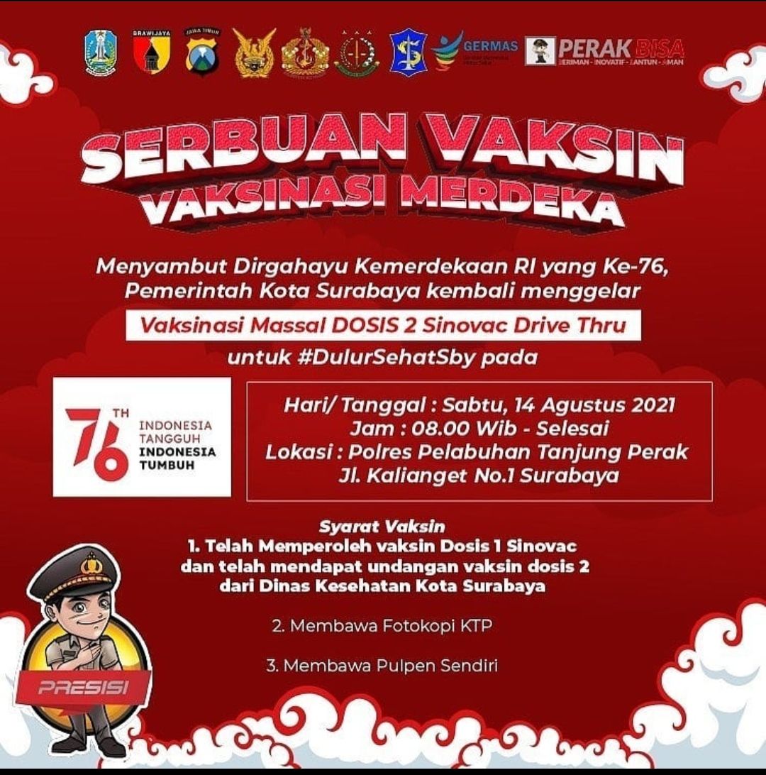 Vaksin Drive Thru Polres Tanjung Perak, Sabtu 14 Agustus 2021, Cuma Bawa KTP Bisa Divaksin