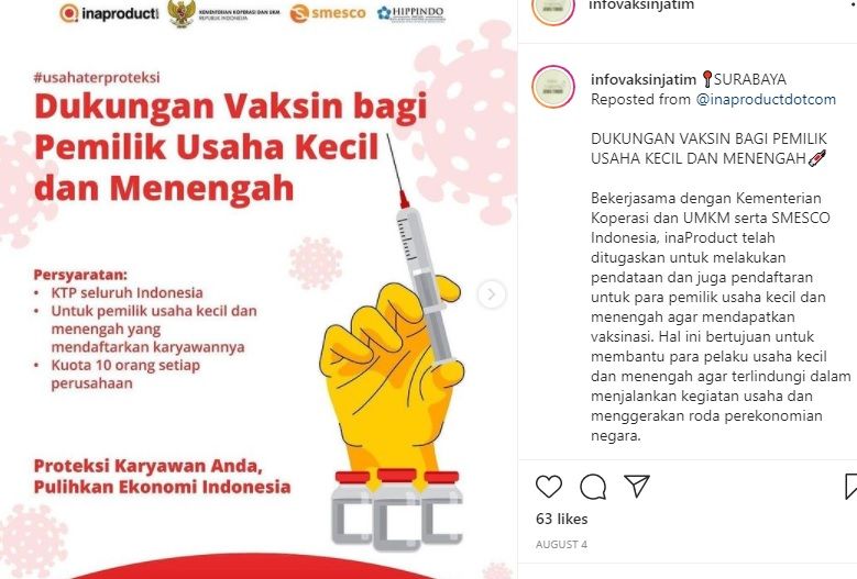 Vaksin Dosis 1 di Surabaya dan Kediri, 14 Agustus-17 Agustus 2021, Perhatian Syarat dan Daftar