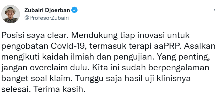 Cuita Ketua Satgas Penanganan Covid-19 IDI Prof. Zubairi.