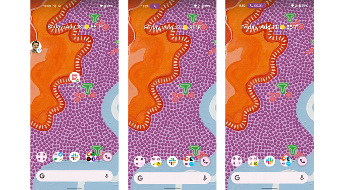 Fitur Bubbles (kiri) pada Android 11 digantikan oleh Chip pada Android 12 (tengah dan kanan).