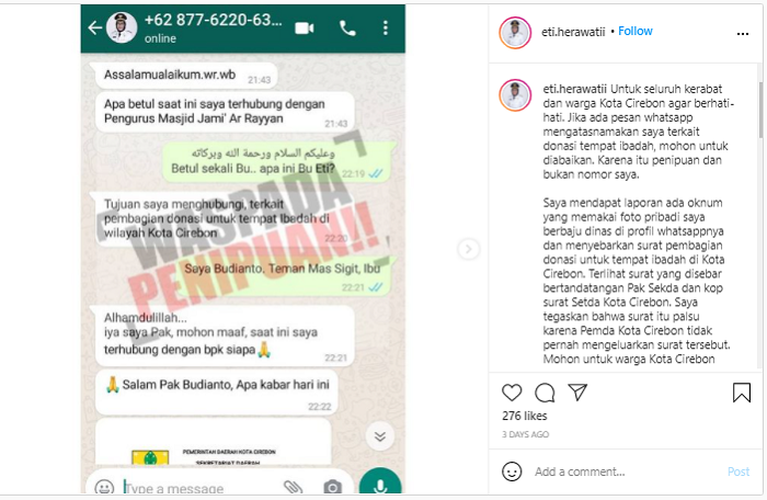 HOAKS - Beredar pesan berantai mengatasnamakan Wakil Walikota Cirebon, Eti Herawati yang membagikan informasi pembagian donasi.*