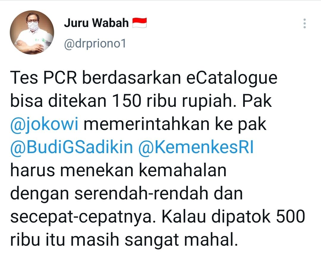 Tangkapan layar cuitan Pandu Riono soal harga maksimal tes PCR yang dipatok Jokowi./