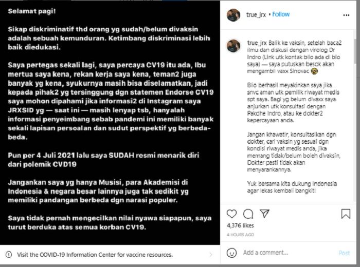 Jerinx SID mengaku percaya Covid-19 dan siap mendapatkan suntuk vaksin Sinovac perdana di Biddokkes Polda Metro Jaya.