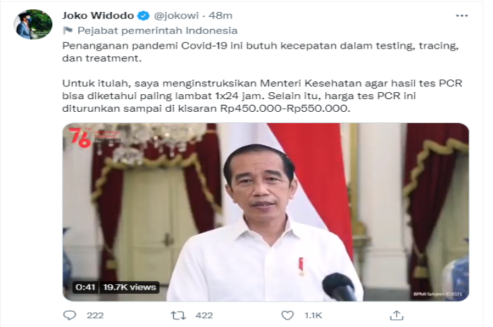 Cuitan Presiden Jokowi yang menginstruksikan Menkes untuk menurunkan harga tes PCR.