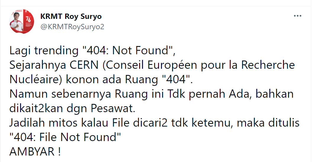 Pakar telematika Roy Suryo memberikan penjelasan soal arti 404: Not Found yang belakangan viral lantaran dijadikan mural