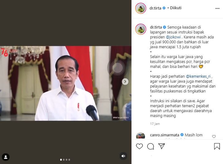 dr. Tirta menanggapi instruksi Presiden Jokowi kepada Kementerian Kesehatan untuk menurunkan harga tes PCR.*