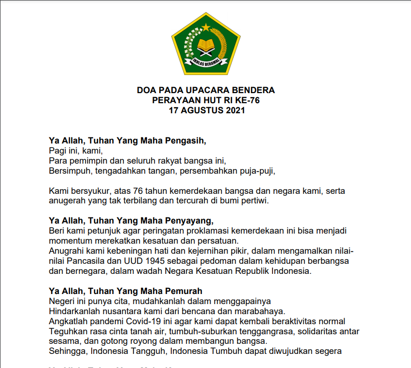 Teks Doa 17 Agustus 2021 Kemenag PDF Cocok untuk Upacara Bendera HUT RI ke 76, Malam Tirakatan 17 Agustus 2021