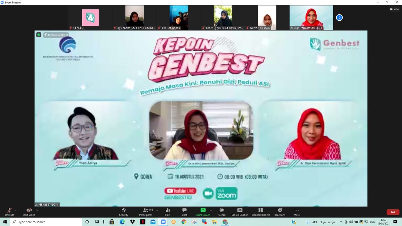 Forum Kepoin Genbest bertajuk “Remaja Masa Kini: Peduli Gizi, Peduli ASI” yang diselenggarakan secara daring untuk remaja di Kabupaten Gowa, Sulawesi Selatan, Senin, 16 Agustus 2021.
