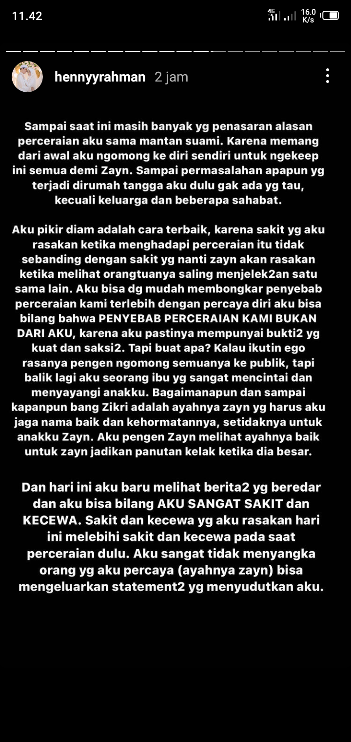 Henny Rahman buka suara menanggapi pernyataan mantan suaminya, Zikri Daulay pasca dirinya menikah dengan Alvin Faiz.*