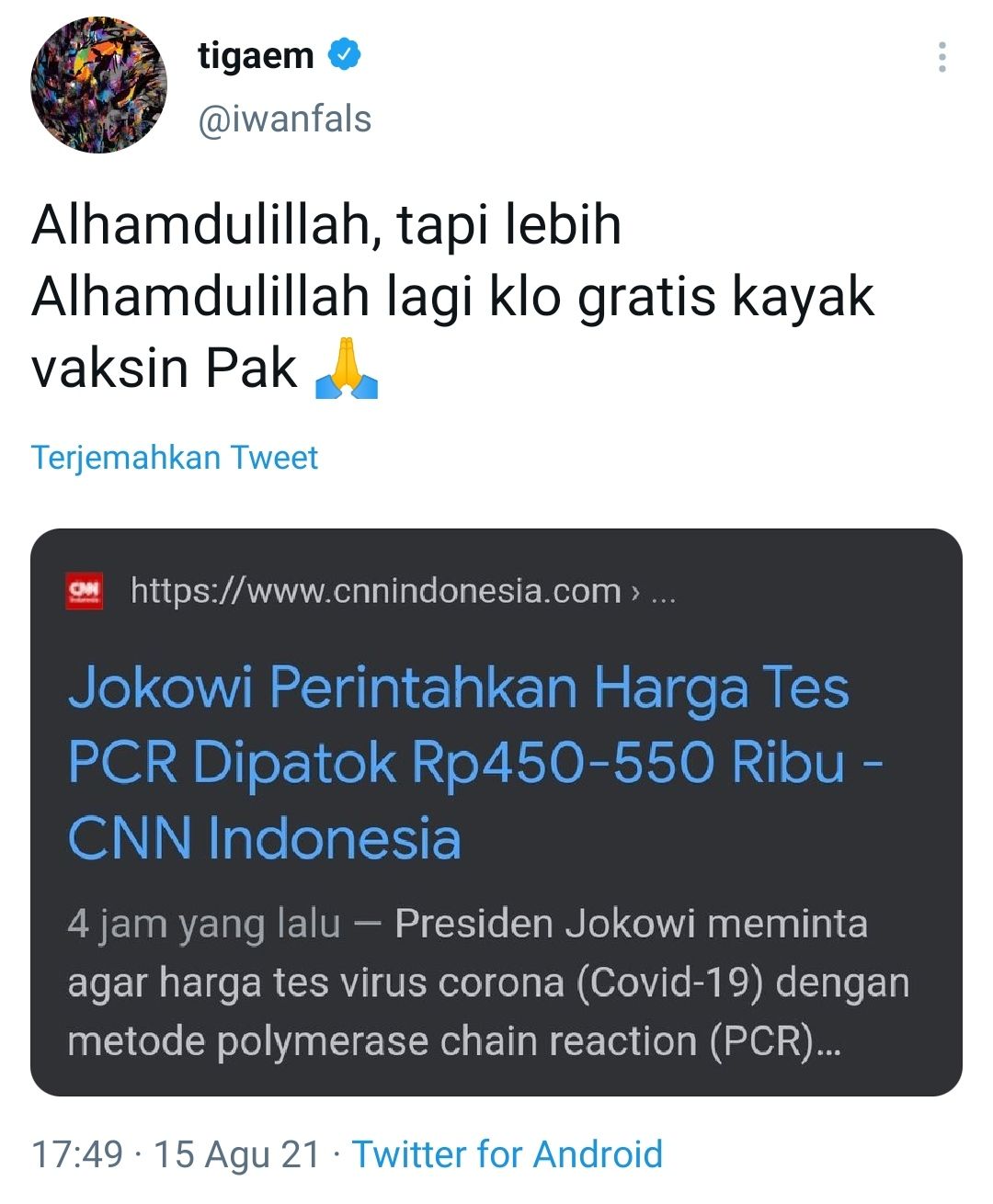 Tangkapan layar cuitan Iwan Fals soal Jokowi yang turunkan harga tes PCR./