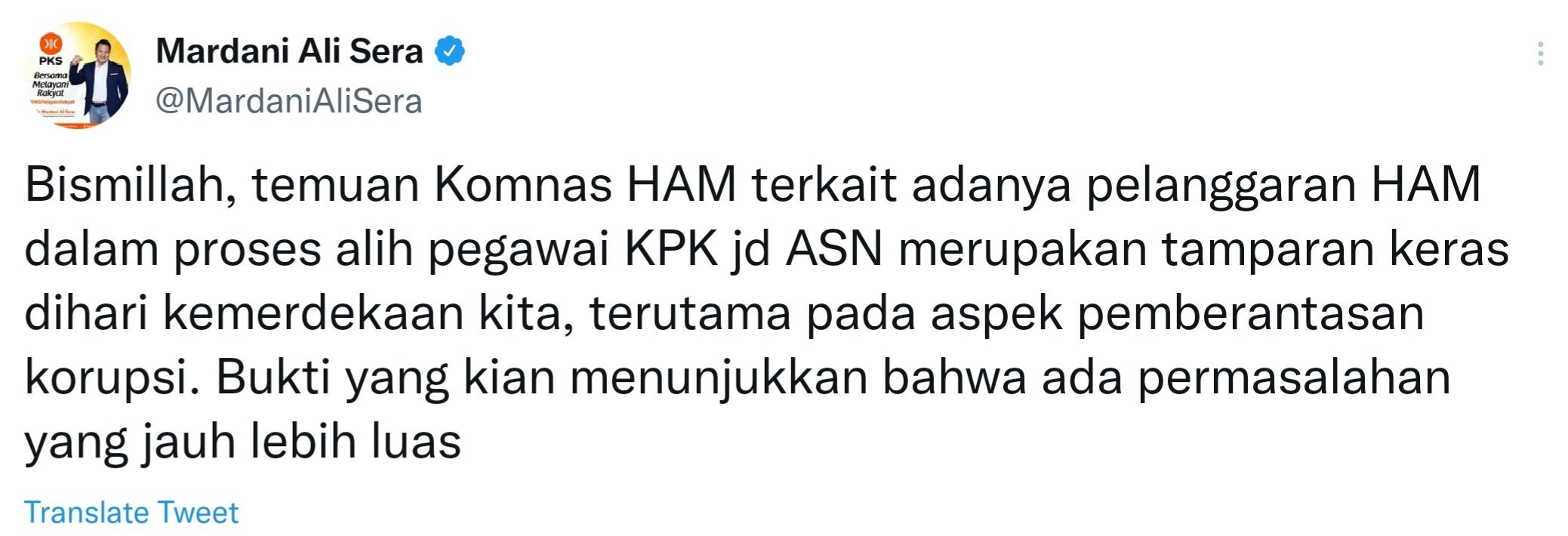 Cuitan anggota Komisi II DPR Fraksi PKS, Mardani Ali Sera.