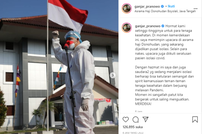 Unggahan Gubernur Jawa Tengah Ganjar Pranowo kenakan baju hazmat saat upacara peringatan Kemerdekaan HUT ke-76 RI.