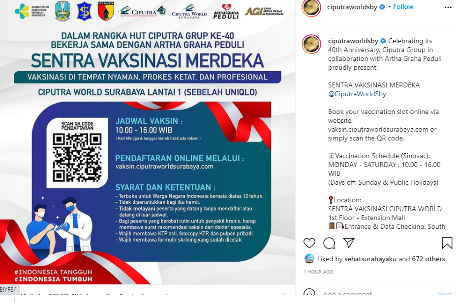 Ciputra Surabaya Buka Vaksinasi Merdeka Dosis 1, Daftar Online dan Kuota Terbatas, Terbuka untuk Umum  
