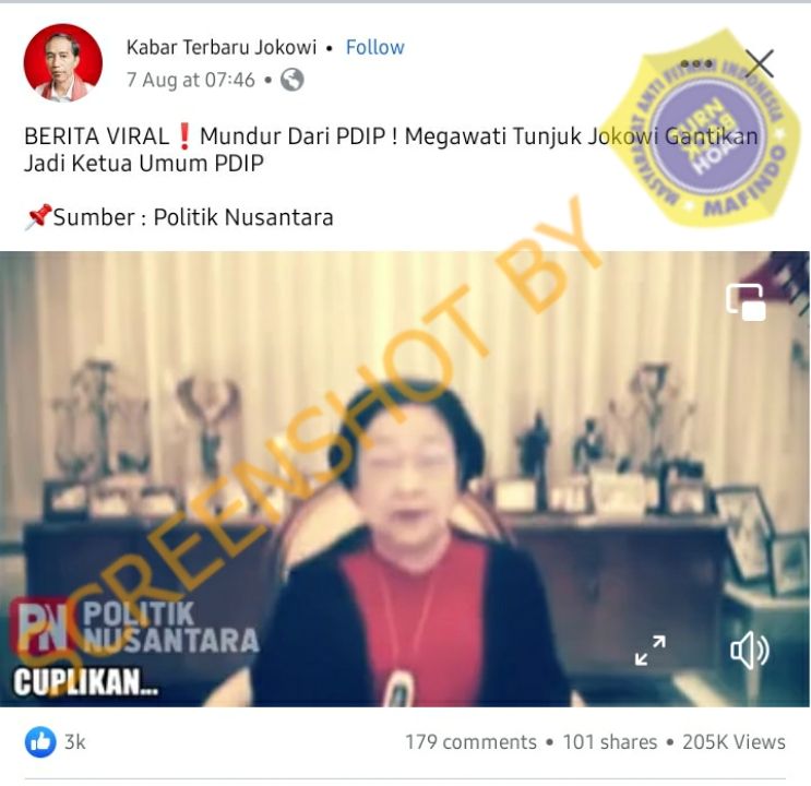 Tangkapan layar video viral yang menyatakan Megawati mundur dari jabatan ketua umum PDIP