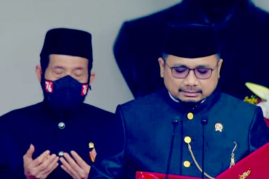 Menteri Agama Yaqut Cholil Qoumas ditunjuk sebagai pembaca doa pada upacara peringatan HUT ke-76 Kemerdekaan Republik Indonesia di Istana Merdeka, Selasa 17 Agustus 2021.
