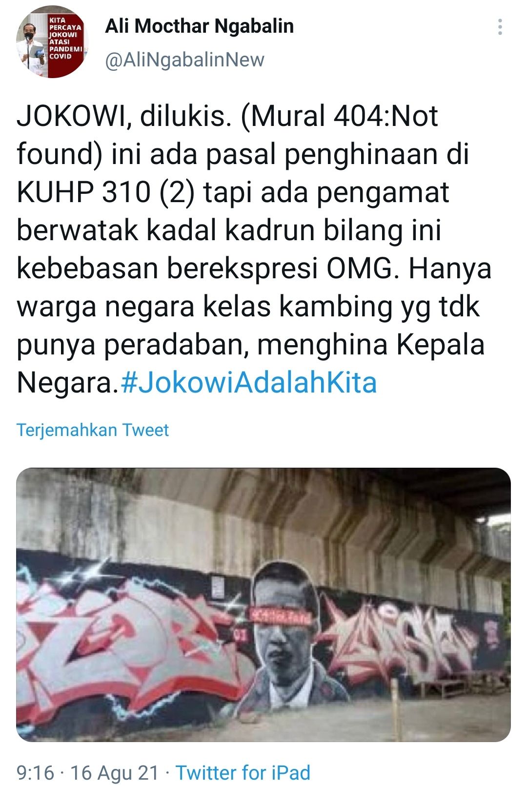Tangkapan layar cuitan Ali Mochtar Ngabalin soal mural "Jokowi 404: Not Found"./