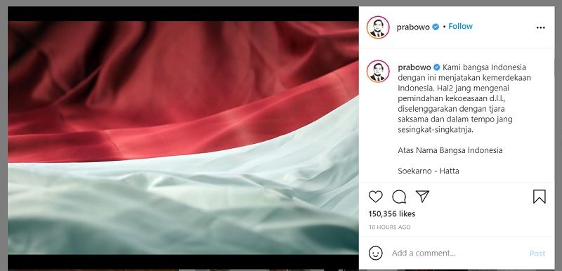 Unggahan instagram Prabowo soal ucapan HUT RI mendapat pujian dari netizen dan jadi trending topic Twitter