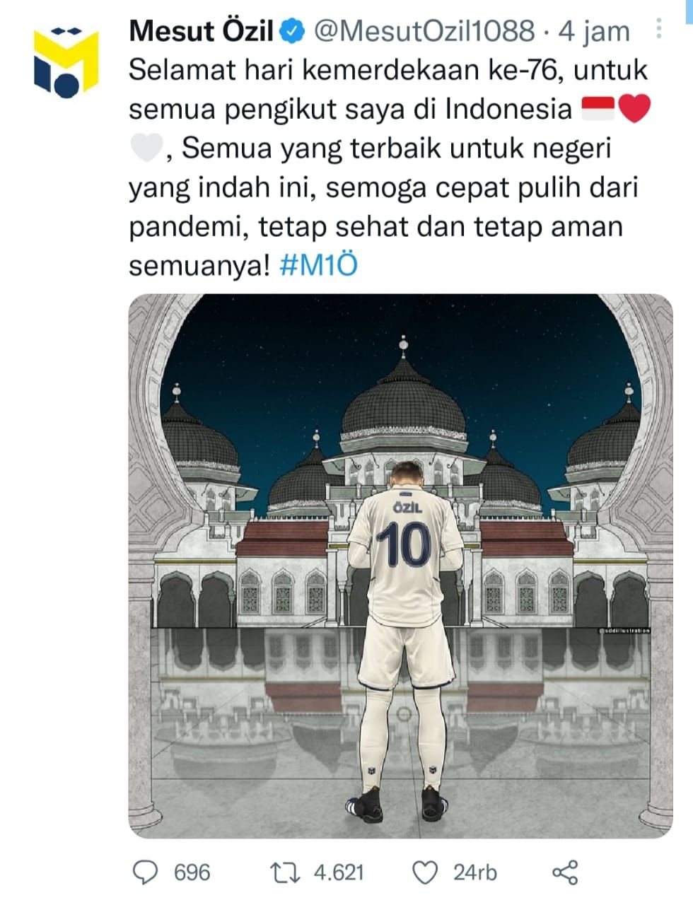 Mesut Ozil mengucapkan selamat hari kemerdekaan ke-76 untuk pengikutnya di Indonesia. Sontak, netizen meresponsnya.