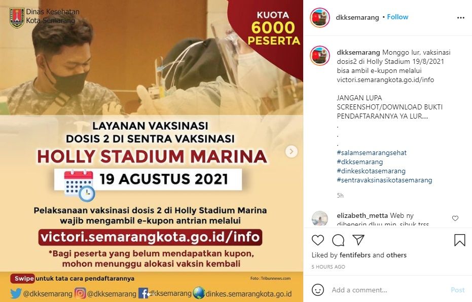 Klik victori.semarangkota.go.id/info Daftar Vaksin Dosis 2 Holly Stadium Marina Kota Semarang Agustus 2021