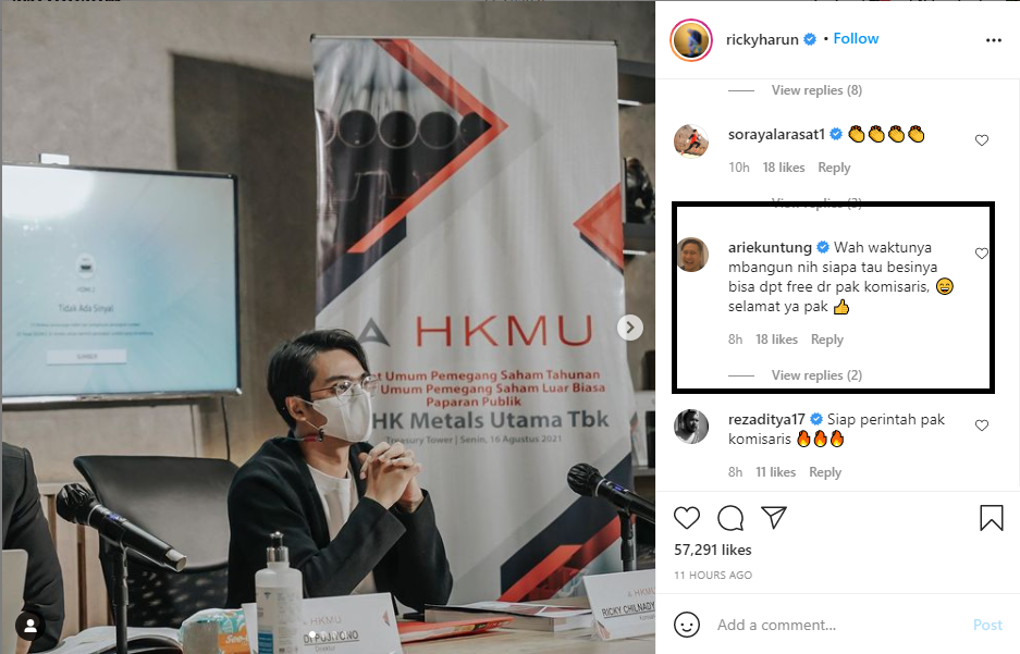 Aktor Ricky Harun mengumumkan dirinya menajadi Komisaris PT HK Metals Utama, ini komentar Arie Untung.