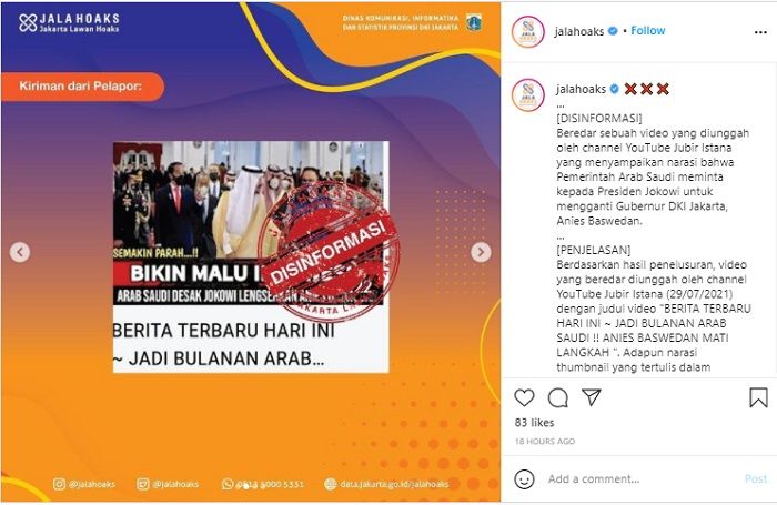 HOAKS - Beredar sebuah video yang menyebut jika Pemerintah Arab Saudi mendesak Jokowi untuk mengganti Gubernur DKI Jakarta, Anies Baswedan.*