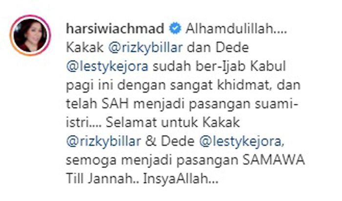 Harsiwi Achmad Ucapkan Selamat untuk Rizky Billar dan Lesti Kejora yang Telah Menikah